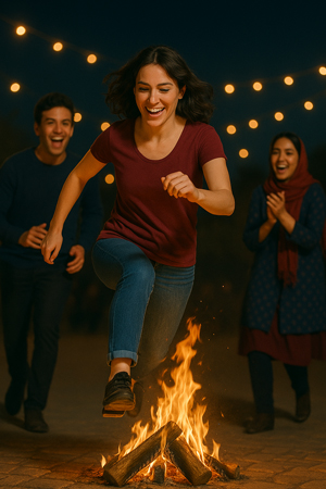 A woman jumping of a fire