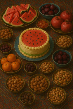 a table full of fruits, nuts, and a cake