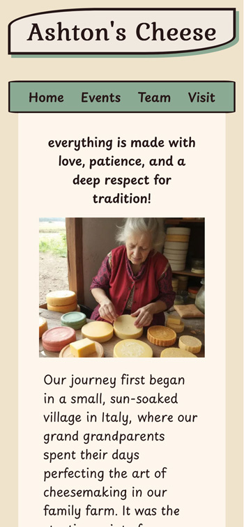 a screenshot of Ashton's cheese website as viewed on mobile