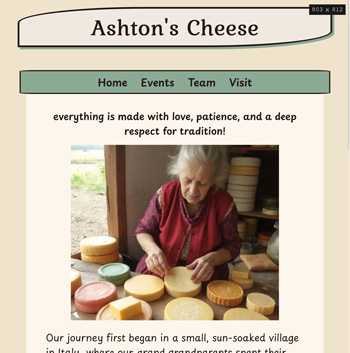 a screenshot of Ashton's cheese website as viewed on tablet