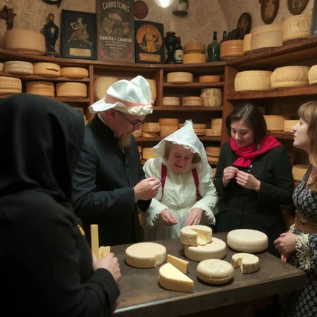 visitors tasting cheeses in the shop